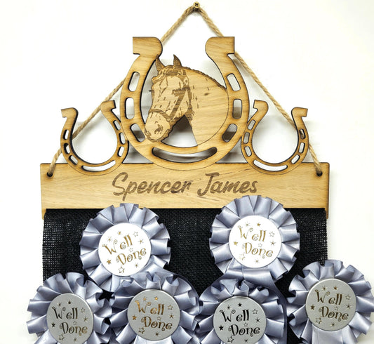 Horse Shoe Design Rosette Holder – Personalised Hanging Medal & Rosette Display