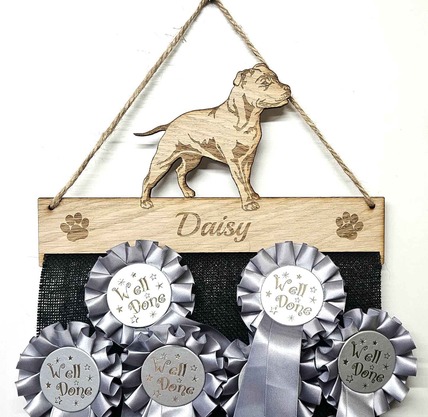 Rosette Holder Staffordshire Bull Terrier: Personalised 6mm Oak Veneer Dog Gift