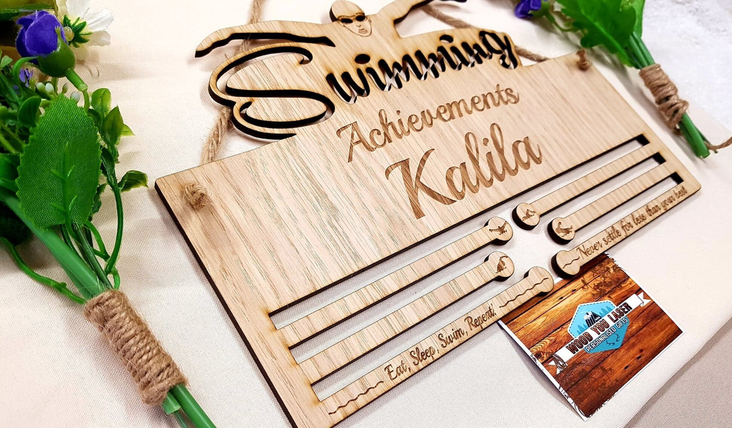 Medal Holder Swimming Achievements - Personalised 6mm Oak Veneer Medal Hanging Gift
