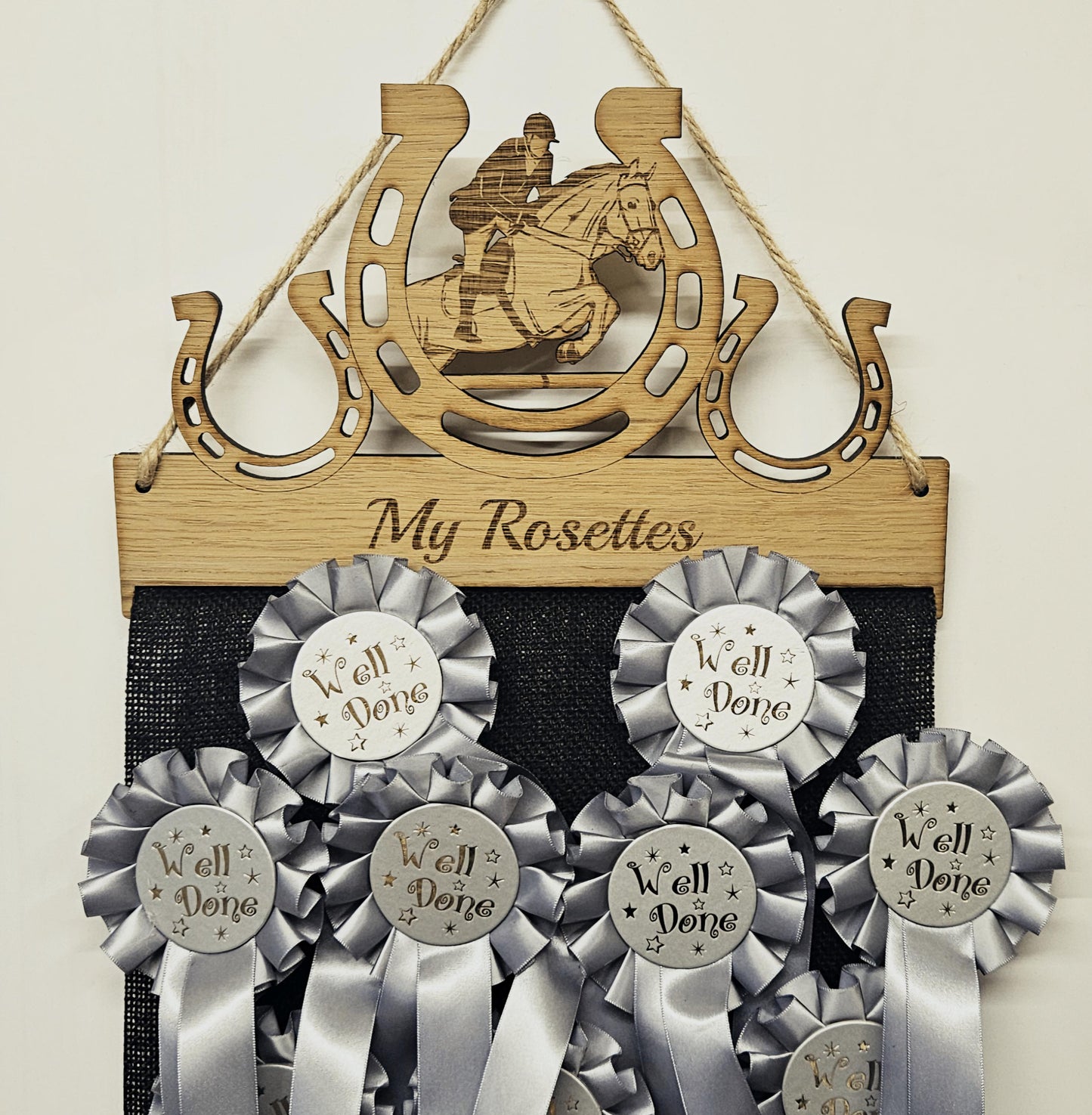 Showjumping Horse Shoe Design Rosette Holder – Personalised Hanging Medal & Rosette Display