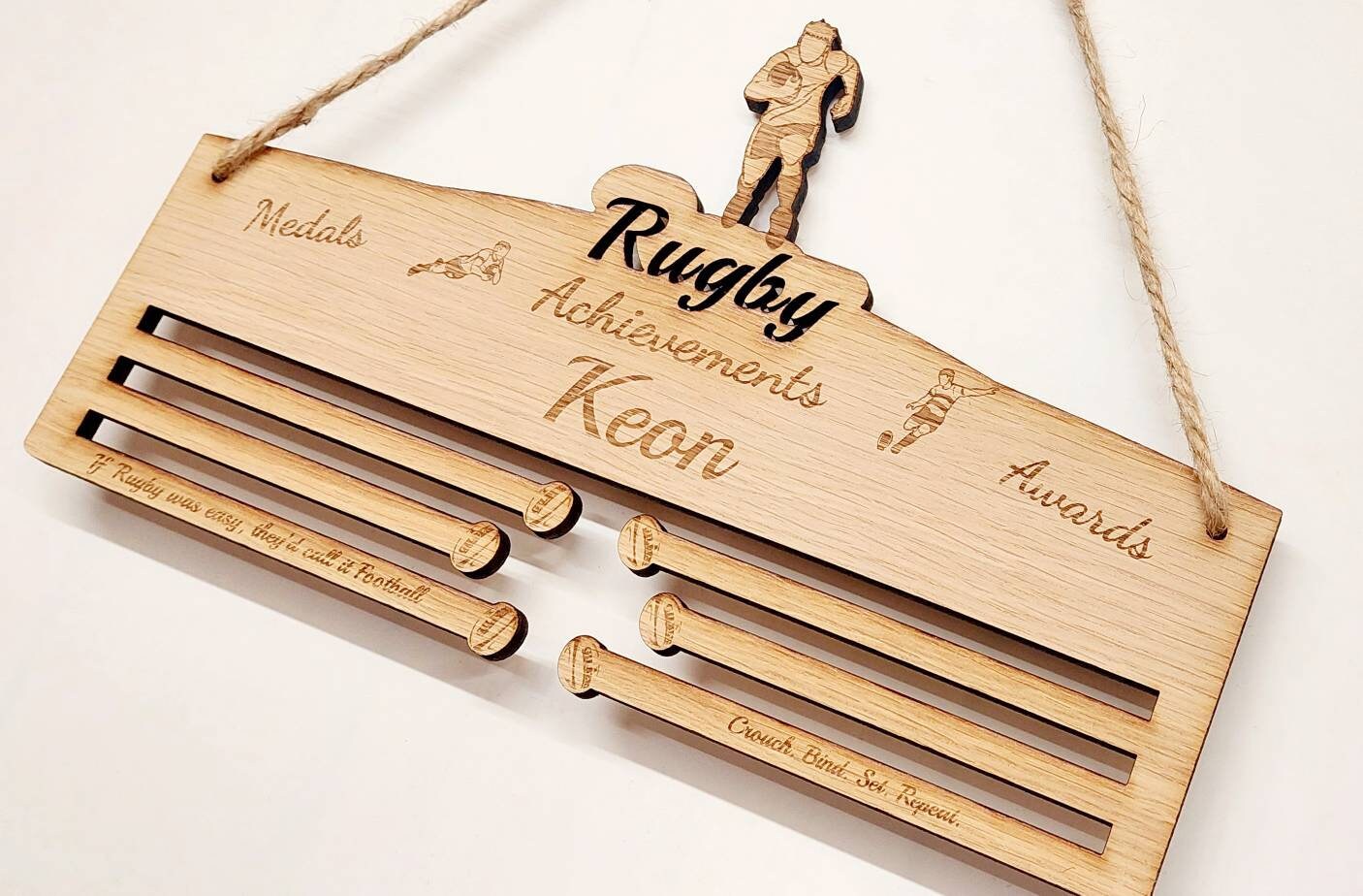 Rugby Medal Holder for Boys Men - 6mm Oak Veneer MDF