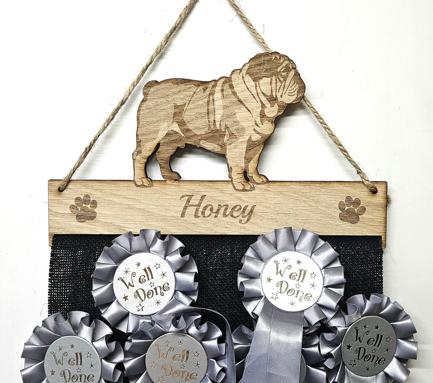 English Bulldog Rosette Holder – Personalised Hanging Medal & Rosette Display
