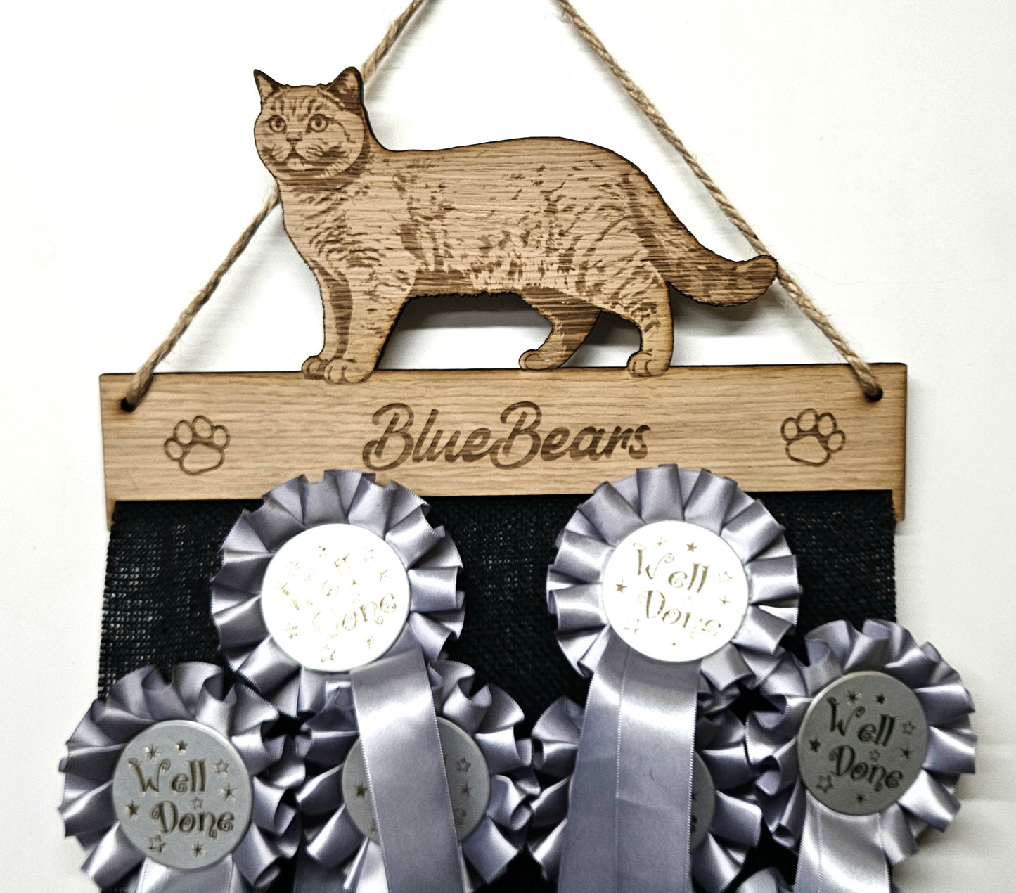 Rosette Holder British Shorthaired Cat - Personalised 6mm Oak Veneer Cat Rosette Hanging Gift