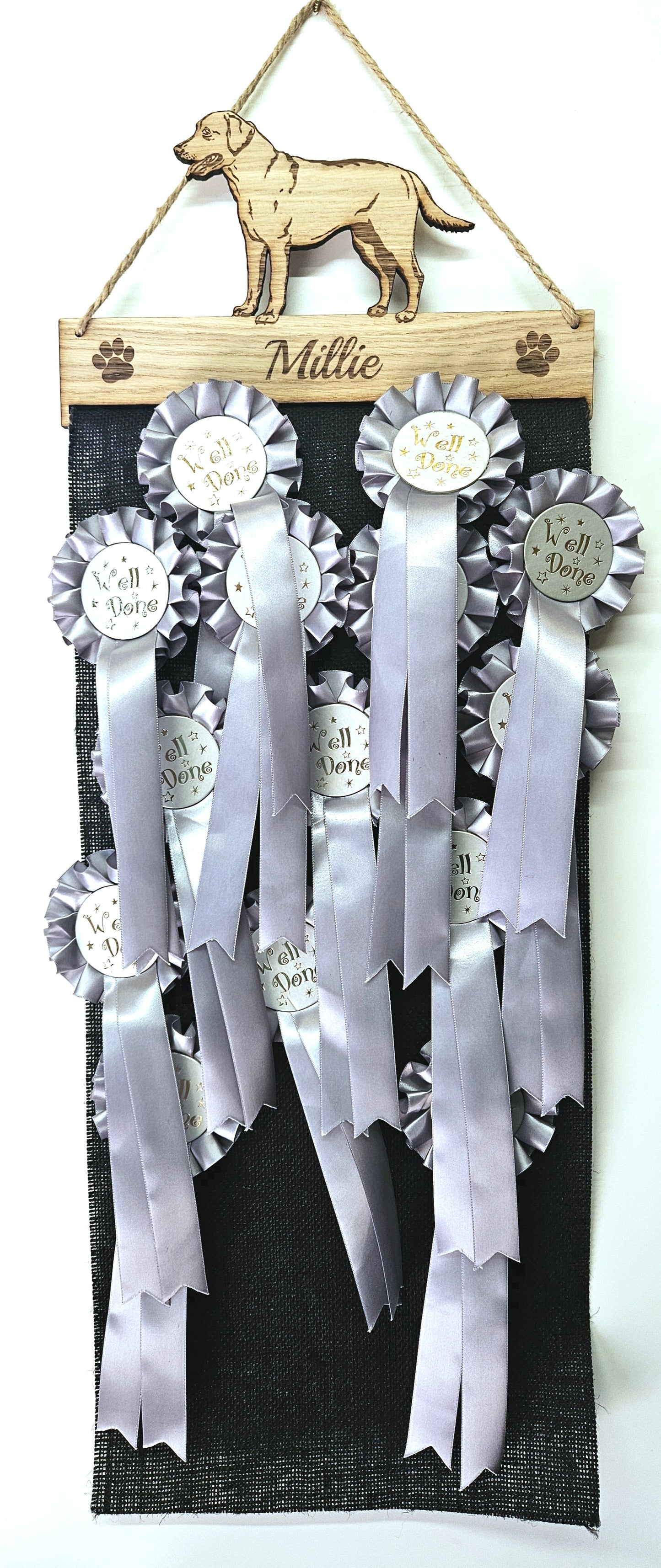 Labrador Rosette Holder – Personalised Dog & Puppy Medal Display Gift (6mm Oak Veneer MDF