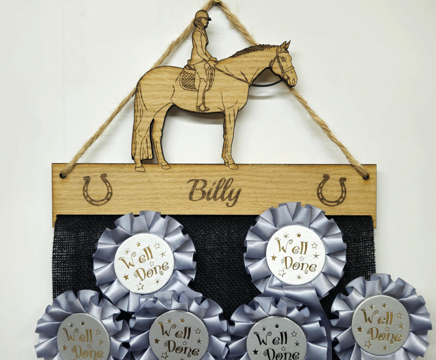 Horse & Rider Rosette Holder – Personalised Hanging Medal & Rosette Display