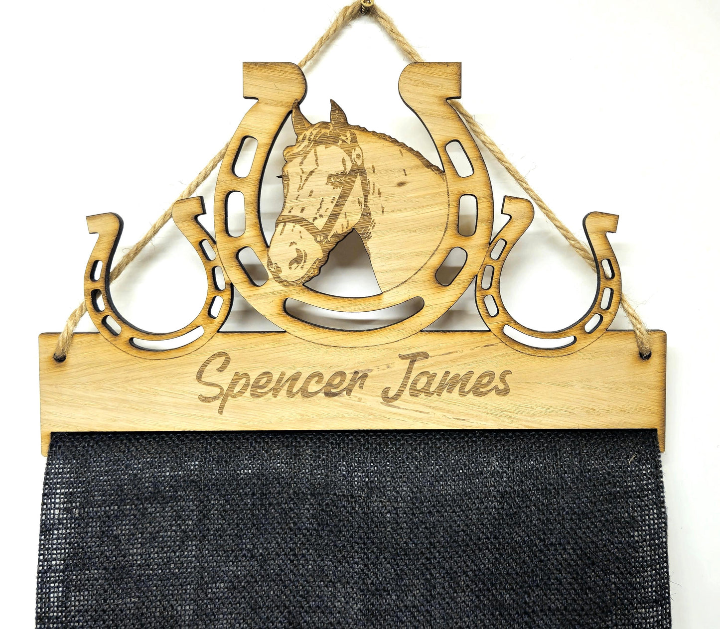 Rosette Holder Horse in Shoe Design: Personalised 6mm Oak Veneer Rosette Hanging Gift