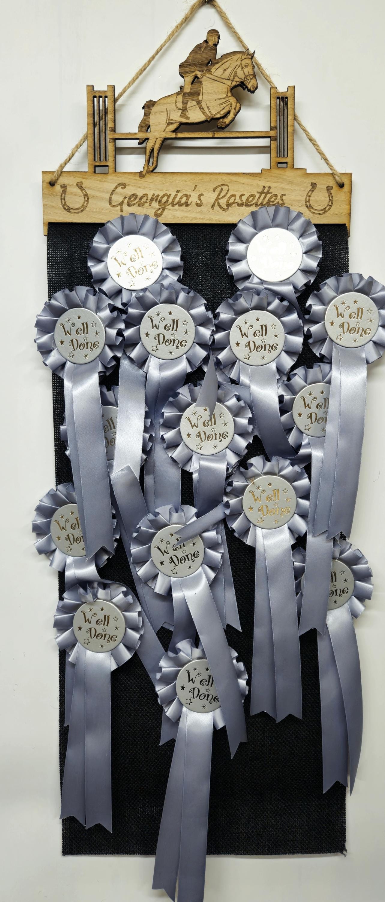Female Showjumping Rosette Holder – Personalised Hanging Medal & Rosette Display