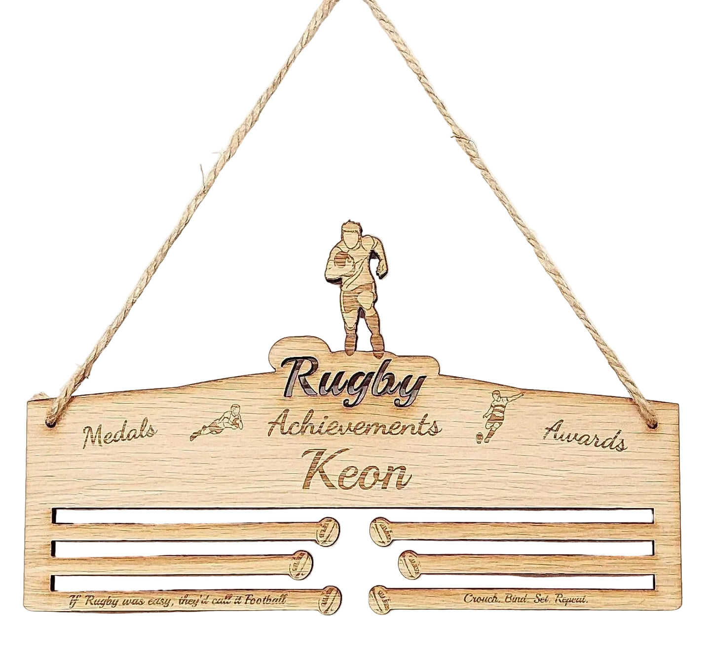 Rugby Medal Holder for Boys Men - 6mm Oak Veneer MDF