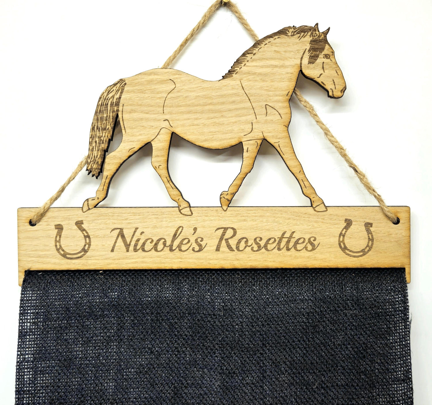 Rosette Holder Welsh Pony (New design) - Personalised 6mm Oak Veneer Horse Rosette Hanging Gift