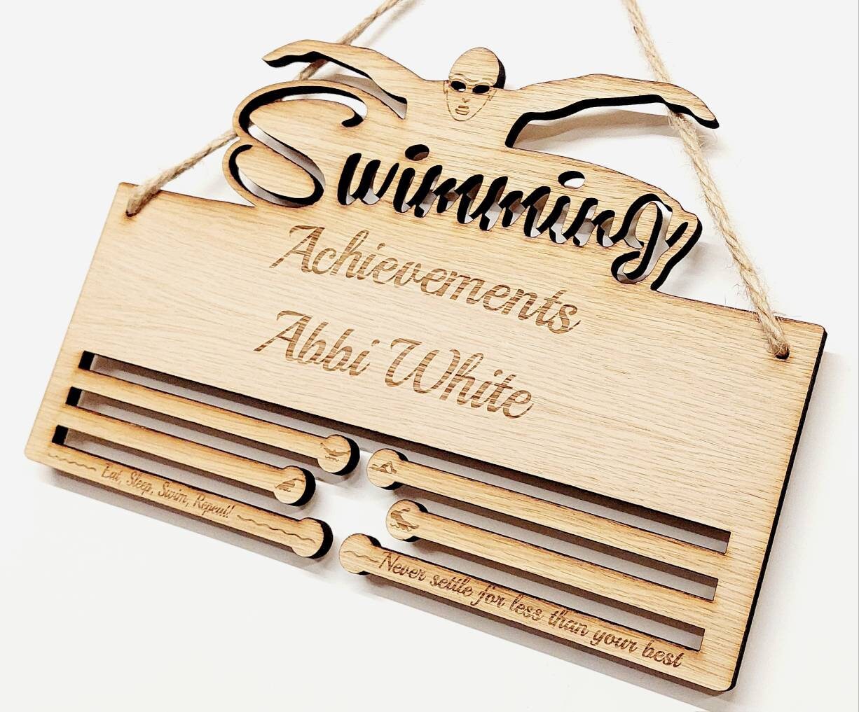 Medal Holder Swimming Achievements - Personalised 6mm Oak Veneer Medal Hanging Gift