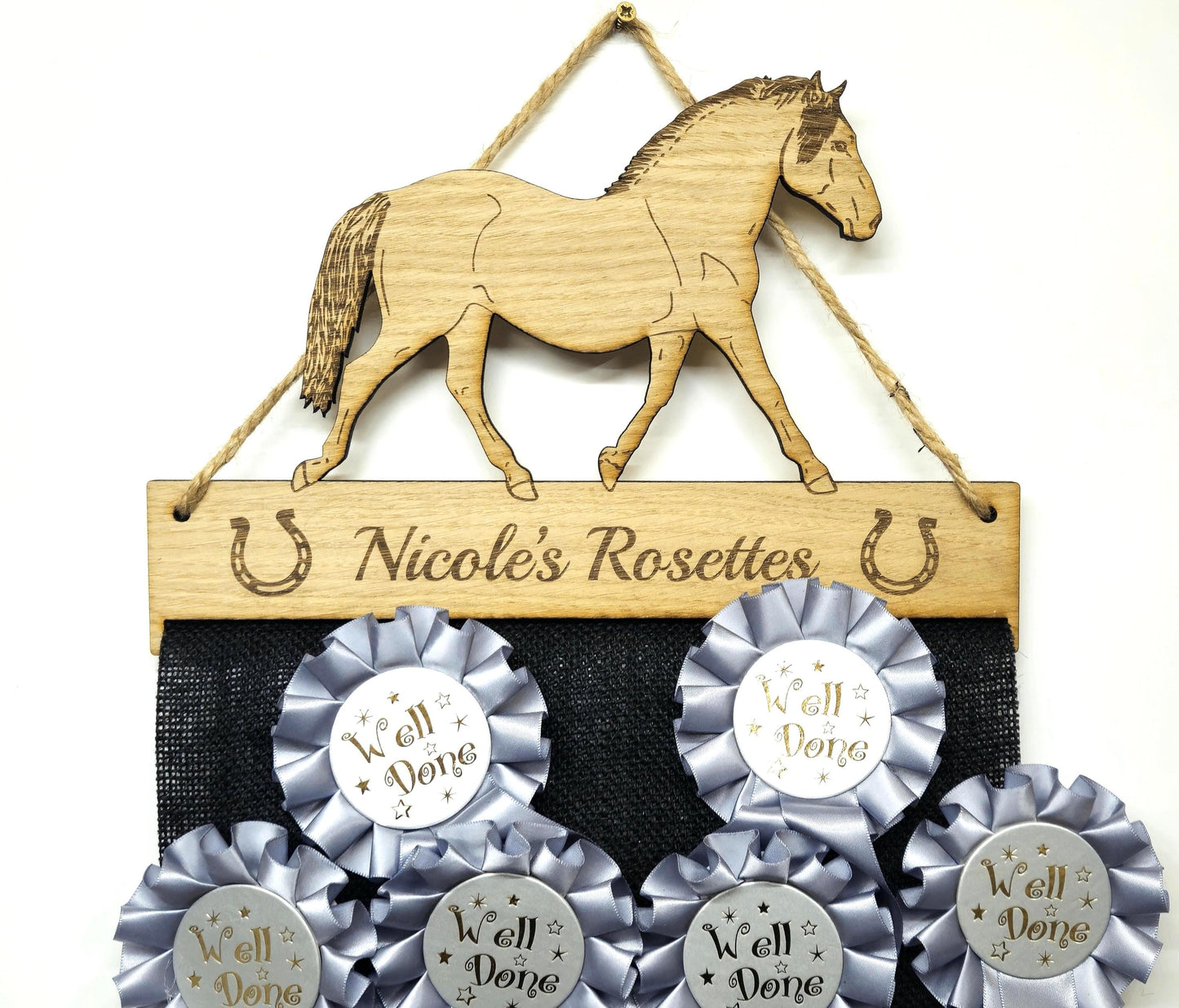 Rosette Holder Welsh Pony (New design) - Personalised 6mm Oak Veneer Horse Rosette Hanging Gift