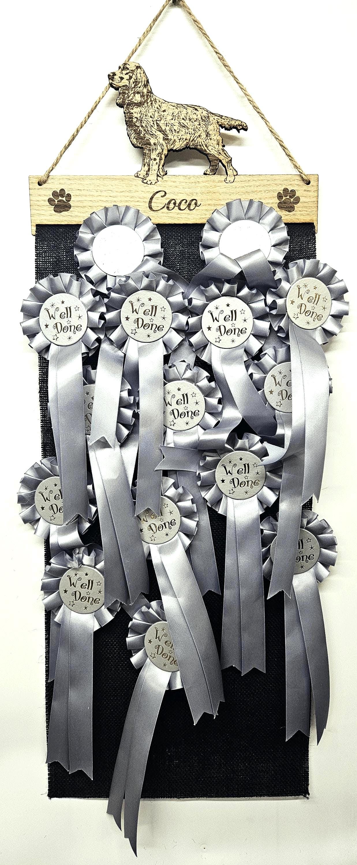 Rosette Holder - Working Cocker Spaniel - Personalised 6mm Oak Veneer Dog Show Award Hanger