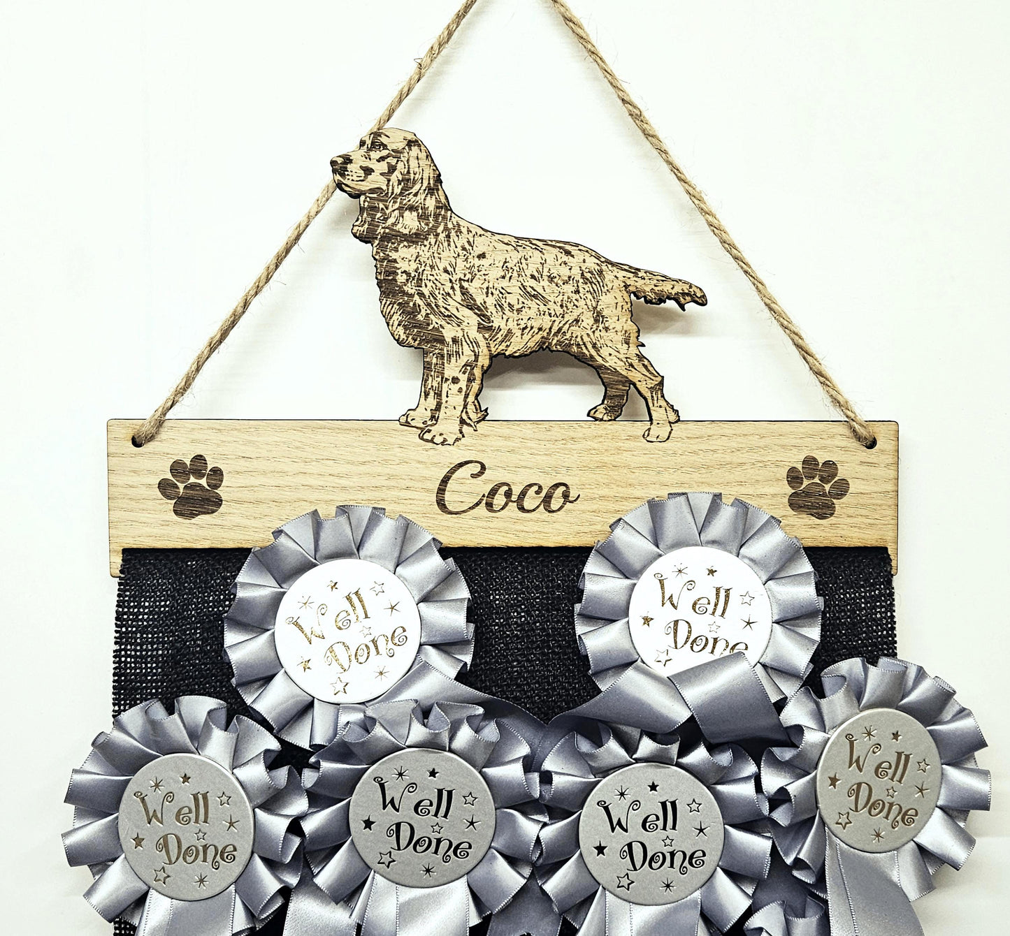 Rosette Holder - Working Cocker Spaniel - Personalised 6mm Oak Veneer Dog Show Award Hanger