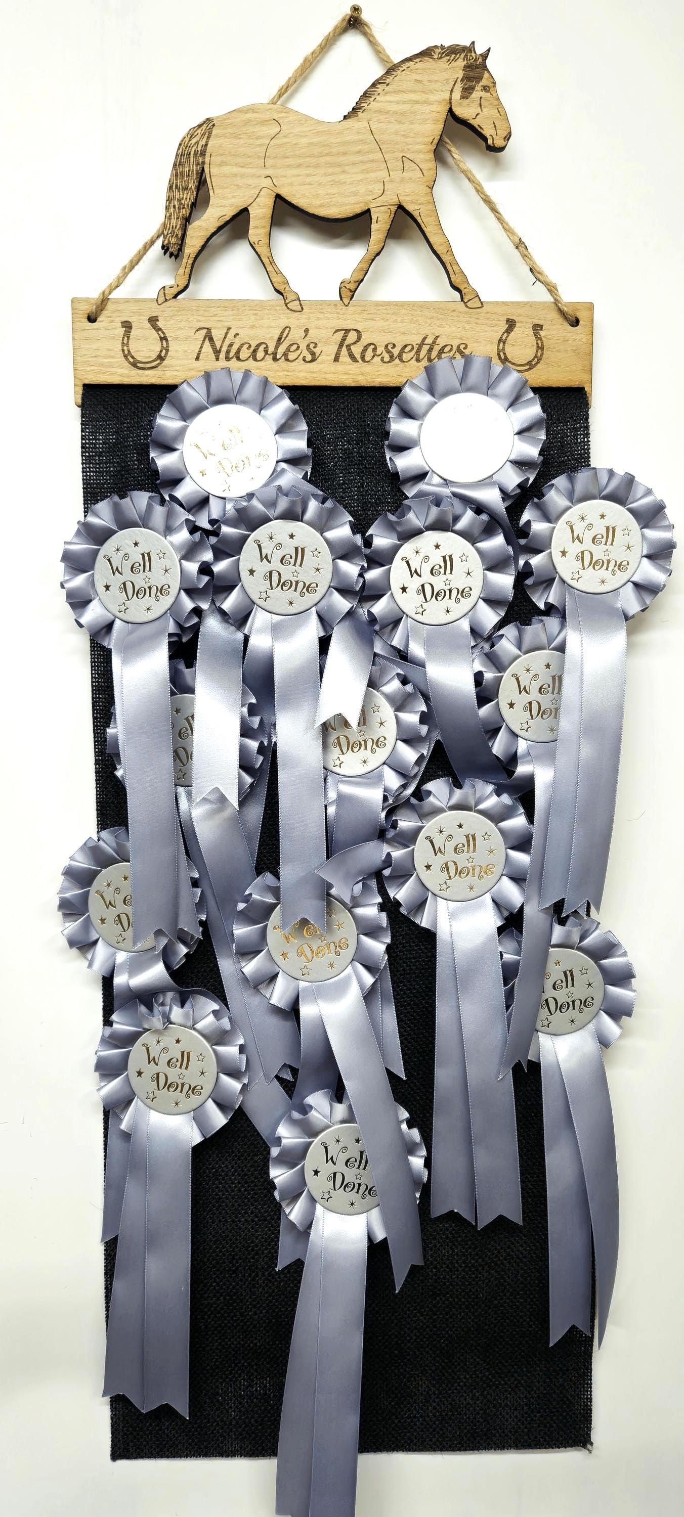 Rosette Holder Welsh Pony (New design) - Personalised 6mm Oak Veneer Horse Rosette Hanging Gift