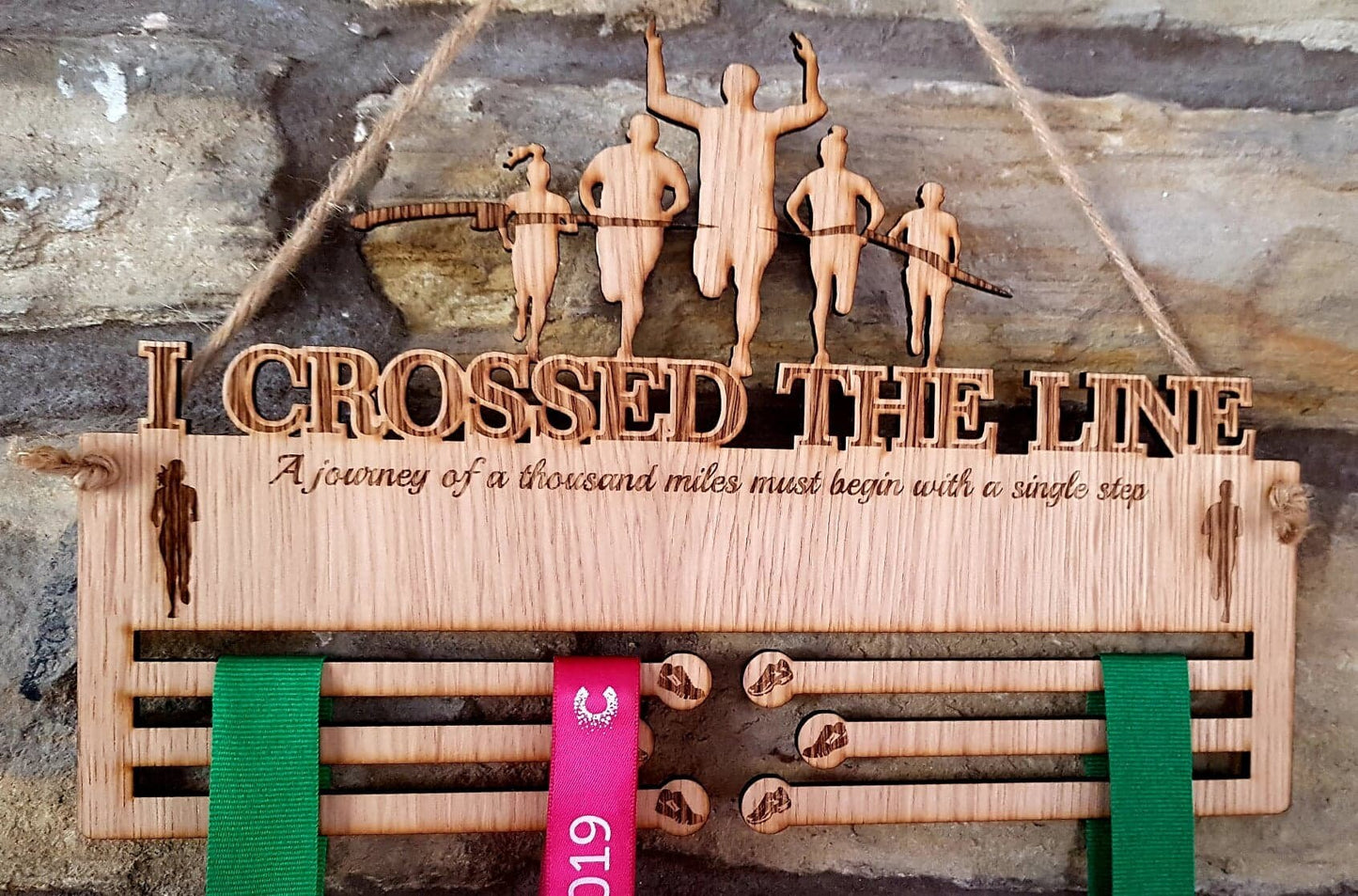 Running Medal Holder, I Crossed The Line, 6mm Oak Veneer