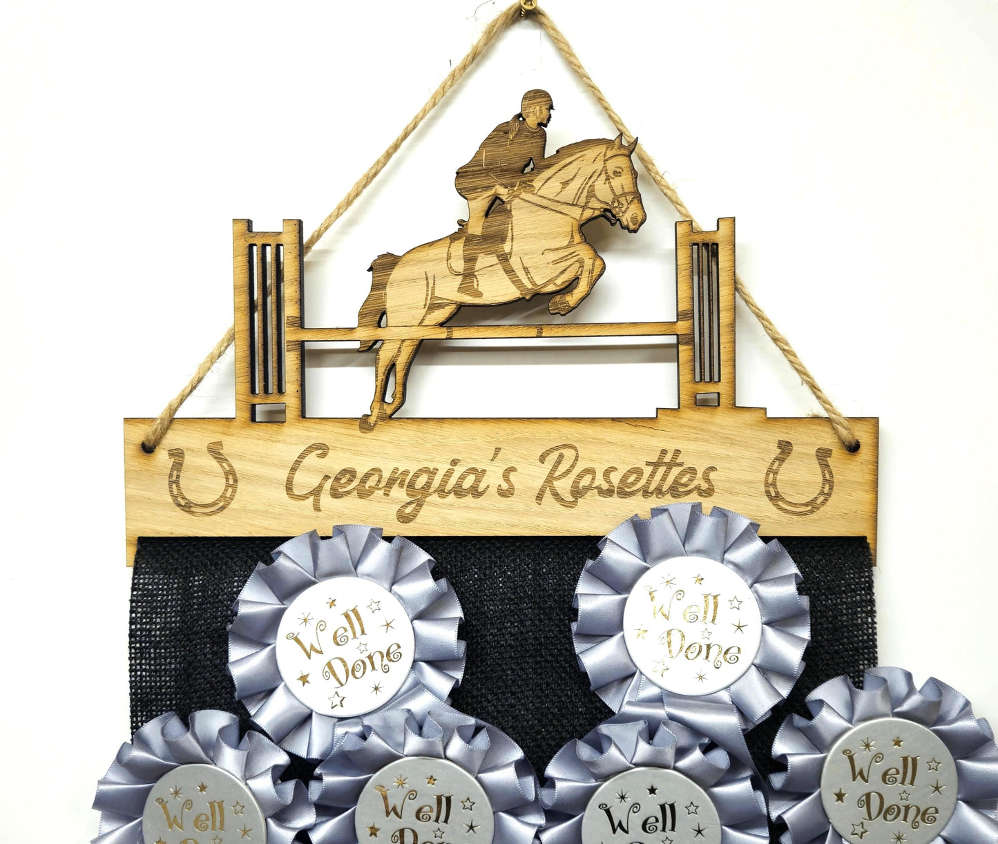 Female Showjumping Rosette Holder – Personalised Hanging Medal & Rosette Display