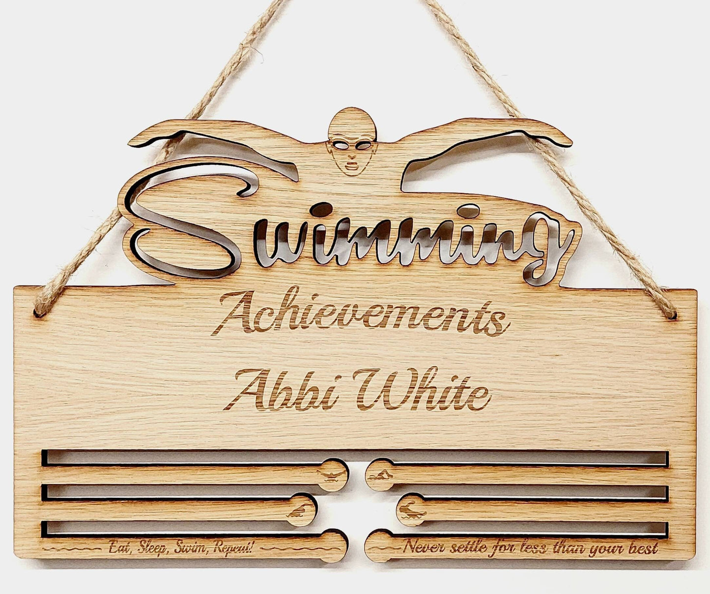 Medal Holder Swimming Achievements - Personalised 6mm Oak Veneer Medal Hanging Gift