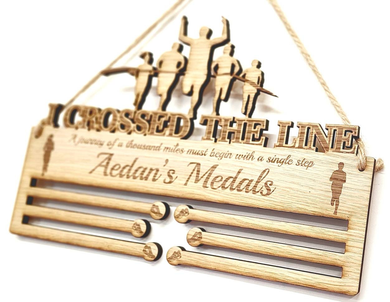 Running Medal Holder, I Crossed The Line, 6mm Oak Veneer