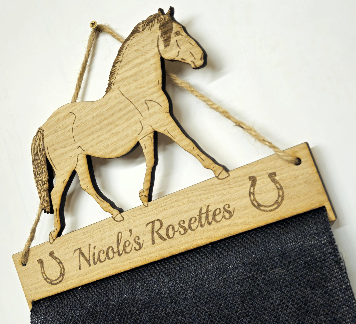 Rosette Holder Welsh Pony (New design) - Personalised 6mm Oak Veneer Horse Rosette Hanging Gift