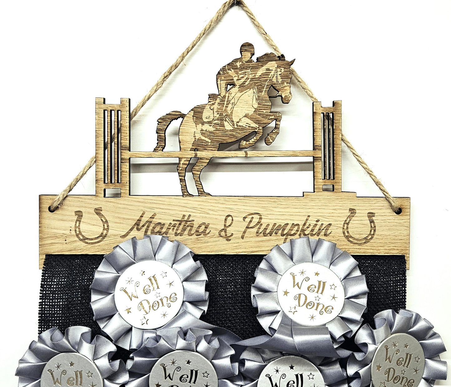 Rosette Holder Show Jumping - Personalised 6mm Oak Veneer MDF Horse Hanging Gift