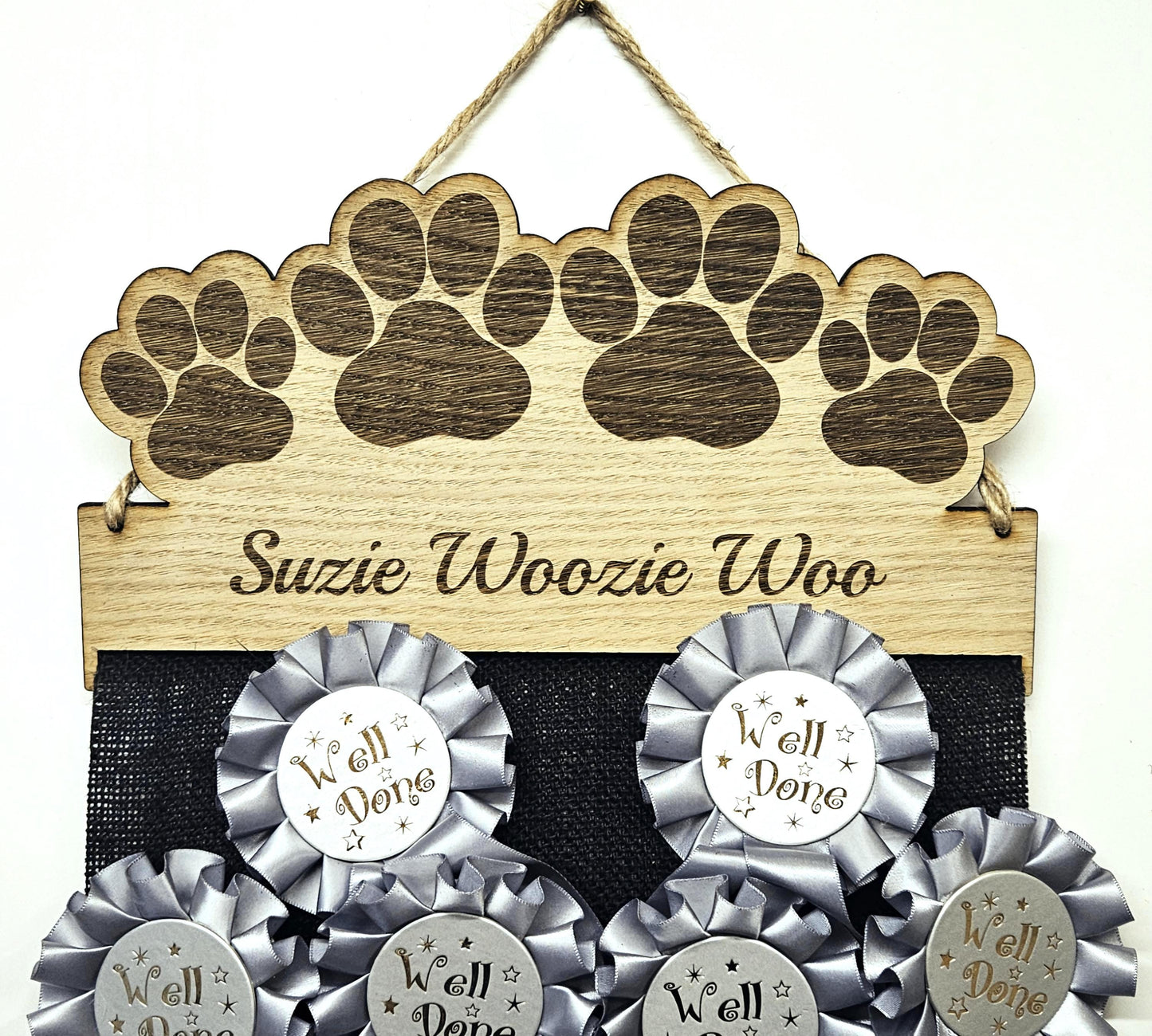 Dog Rosette Paw Design Holder: Personalised 6mm Oak Veneer Puppy Paw Rosette Hanging Gift