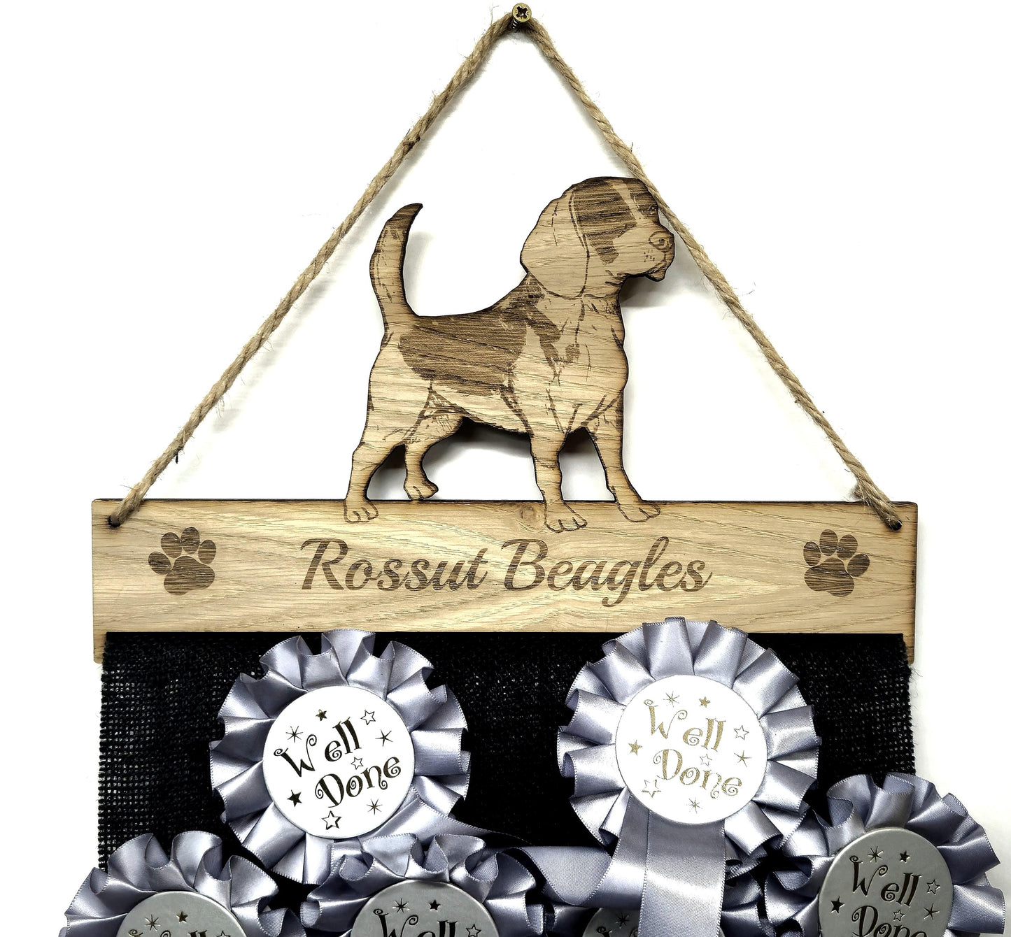 Beagle Dog Rosette Holder: Personalised 6mm Oak Veneer MDF Hanger