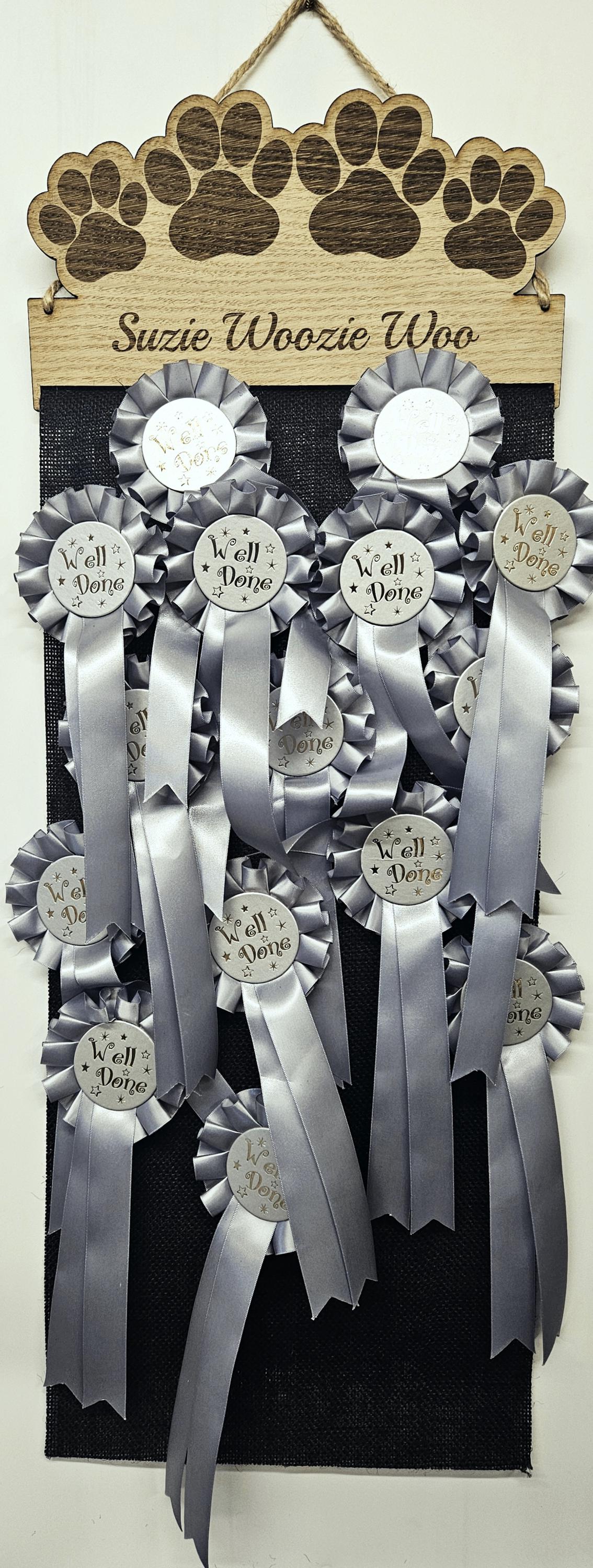 Dog Rosette Paw Design Holder: Personalised 6mm Oak Veneer Puppy Paw Rosette Hanging Gift