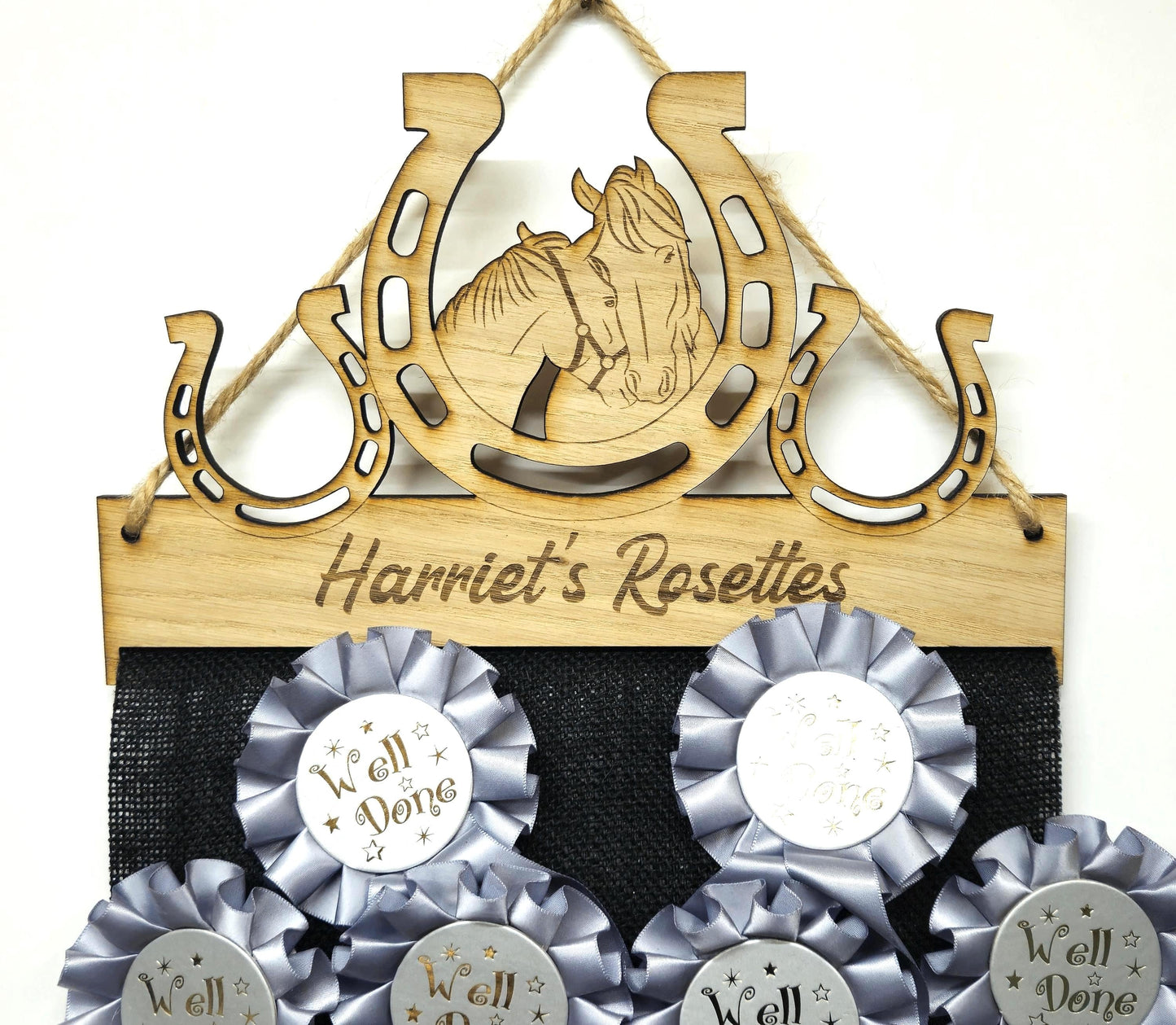 Horse & Pony in Shoe Rosette Holder – Personalised Hanging Medal & Rosette Display