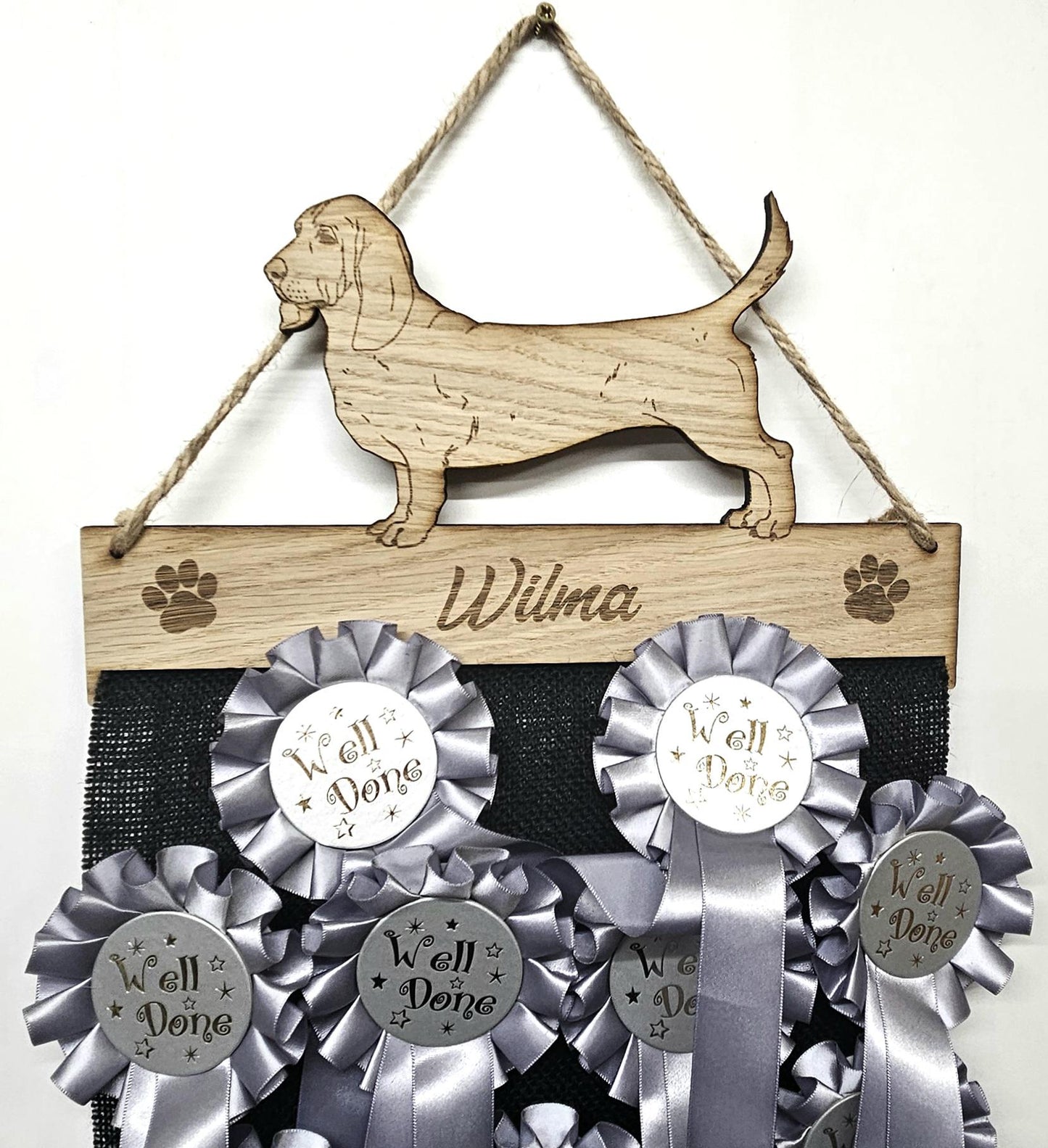 Basset Hound Rosette Holder – Personalised Hanging Medal & Rosette Display